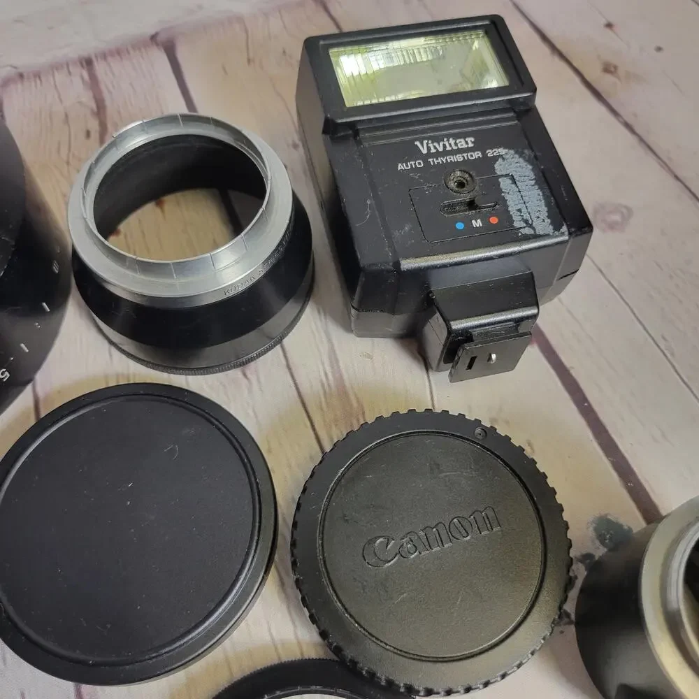 Vintage Camera Accessories Lens, Flashes, Covers Olympus, Kodak, Quantaray,Canon